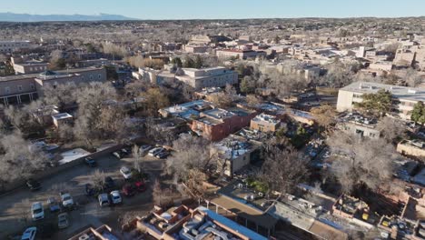 downtown santa fe, new mexico with drone video moving in