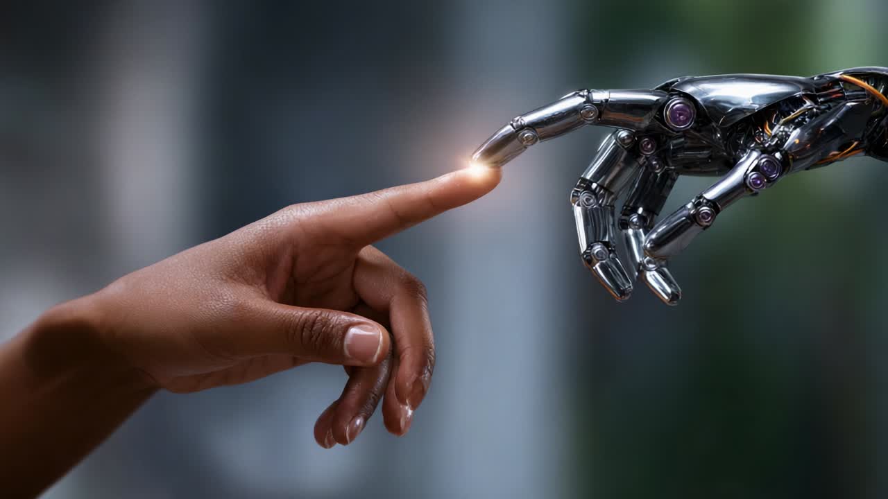A breathtaking moment of connection between human and advanced technology, beautifully illustrated by the delicate touch of a human hand and a robotic hand, merging organic and synthetic elements in harmony