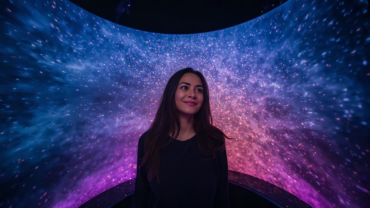Reazione allo spostamento del muro a LED, donna con giacca scura che gira la testa, che sbatte le palpebre sul palco in una mostra