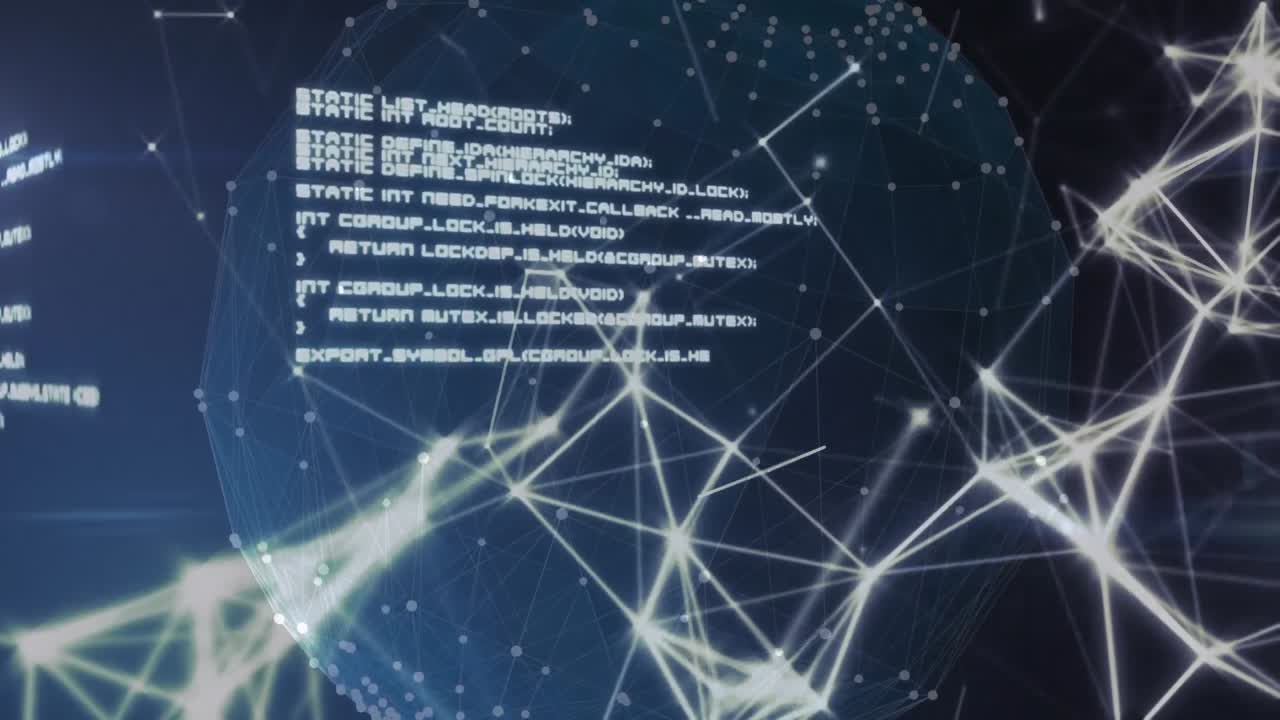 Digital animation of network of connections and data processing against globe and world map