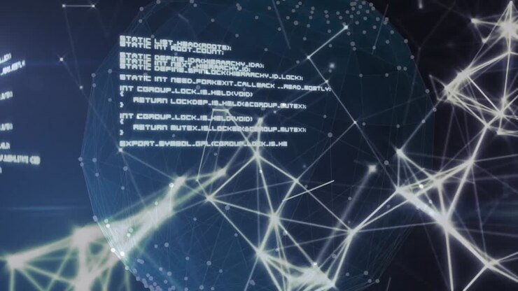 Digital animation of network of connections and data processing against globe and world map