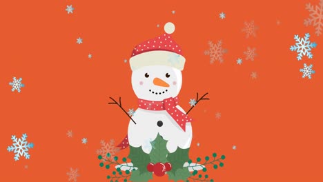 Animation-of-snow-falling-over-christmas-winter-scenery-with-snowman