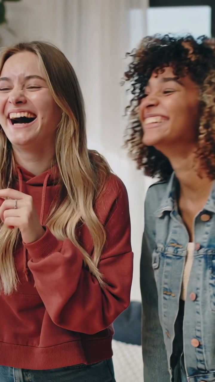 Vertical video: Laughing friends in denim jacket pointing at offscreen joke at home, ring visible