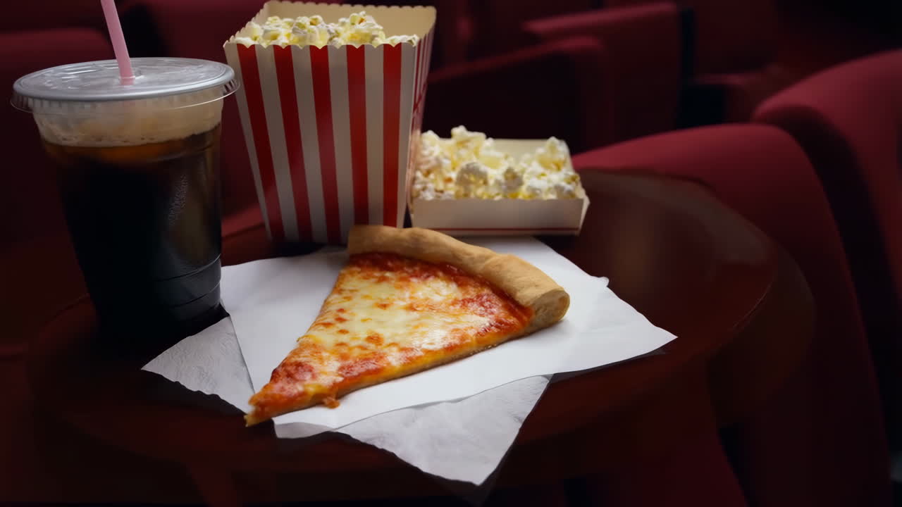 Spuntini da teatro pizza popcorn bibita primo piano sul bracciolo, fetta di formaggio su tovagliolo accanto a scatola di popcorn a strisce