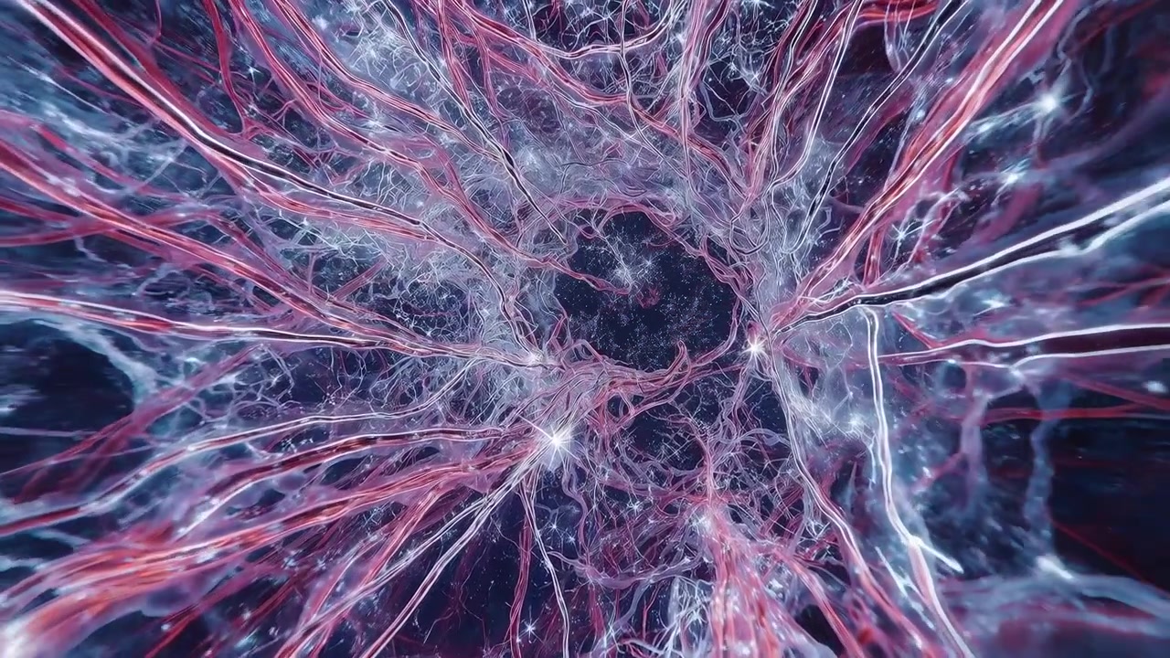 Advancing camera moving into micro filament web toward core examining glowing nodes sheet motes