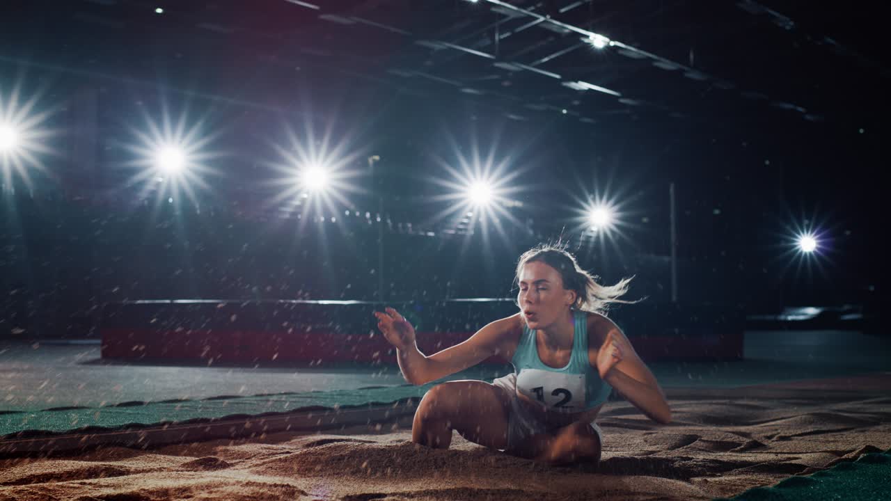 멀리뛰기 선수권: 트랙과 거리뛰기에서 뛰는 프로 여자 운동선수. 성공한 스포츠 여성의 결단력, 동기부여, 영감, 기록적인 결과를 축하하는 느린 동작.