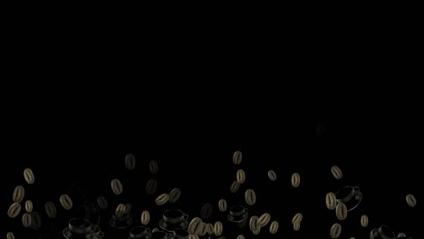 4k abstract loopable flying coffee beans and mug animation, black color background