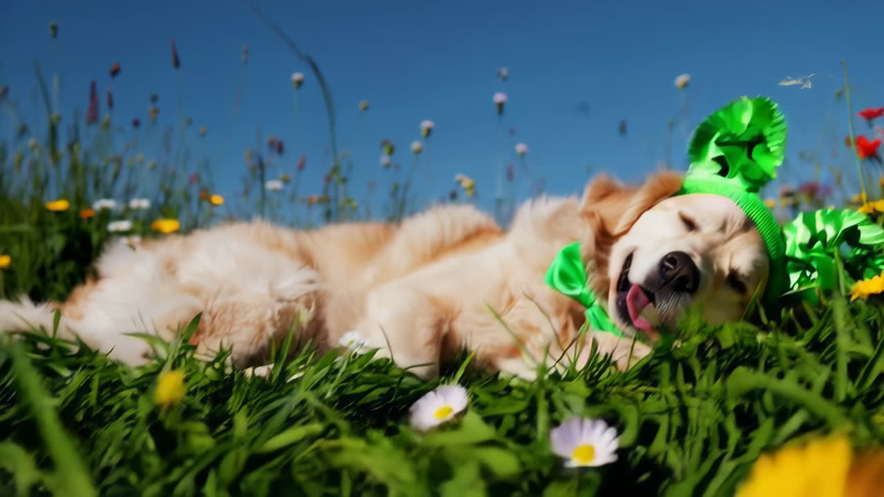 A golden retriever dog dressed in green for St. Patrick's Day lies happily in a sunny field of grass and wildflowers