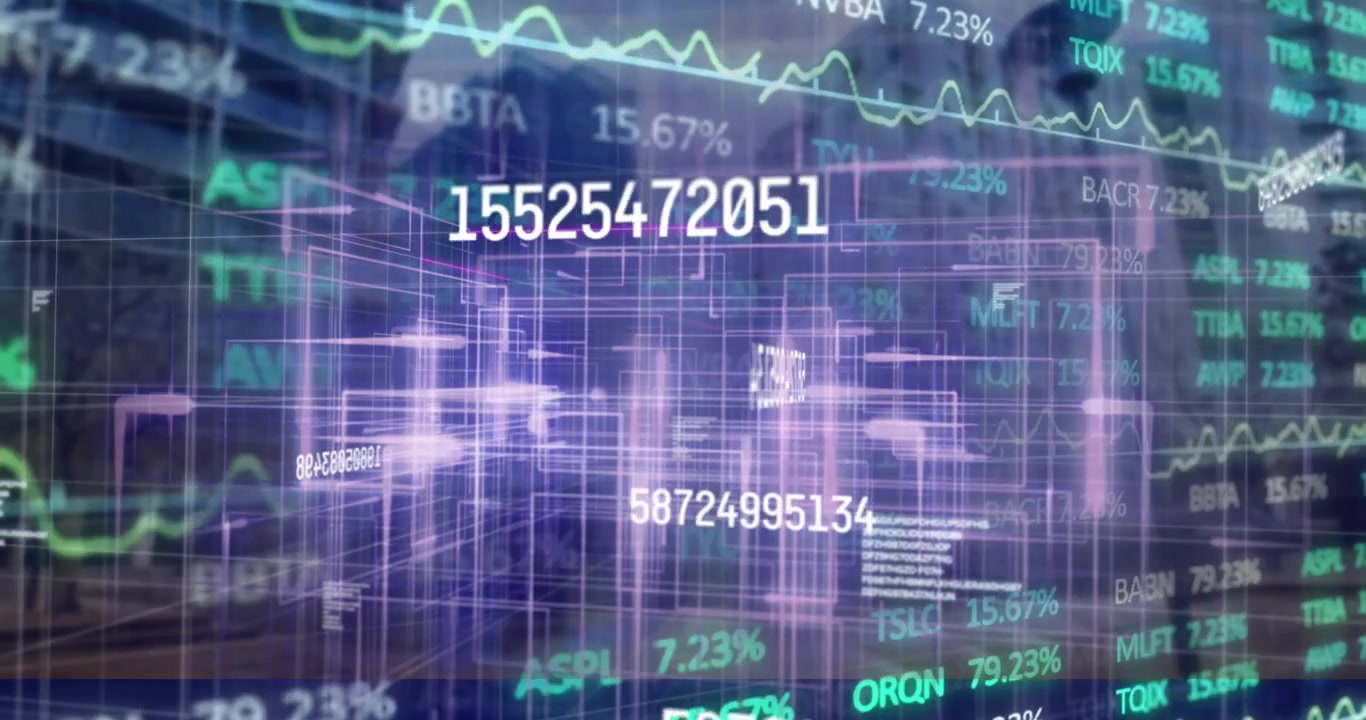 Animation of financial data processing over dark background