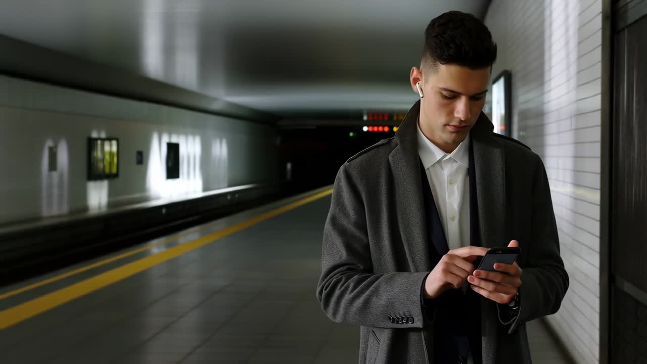 Young Man Using Phone at Subway Station