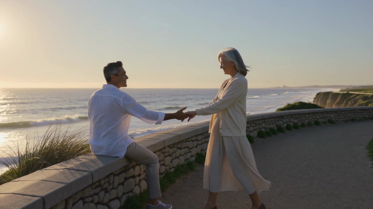 Walking woman approaching seated man in white shirt on stone wall at sunset, greeting, taking hand
