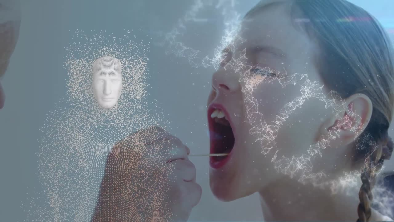 환자 위에서 회전하는 dna 문자열과 데이터 처리 애니메이션