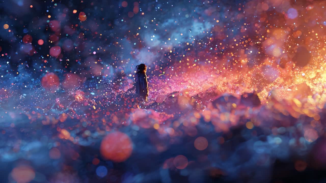 Lone woman exploring a dreamy and surreal universe filled with magical glowing particles and ethereal lights. Mystical and colorful digital art animation concept for wonder and imagination