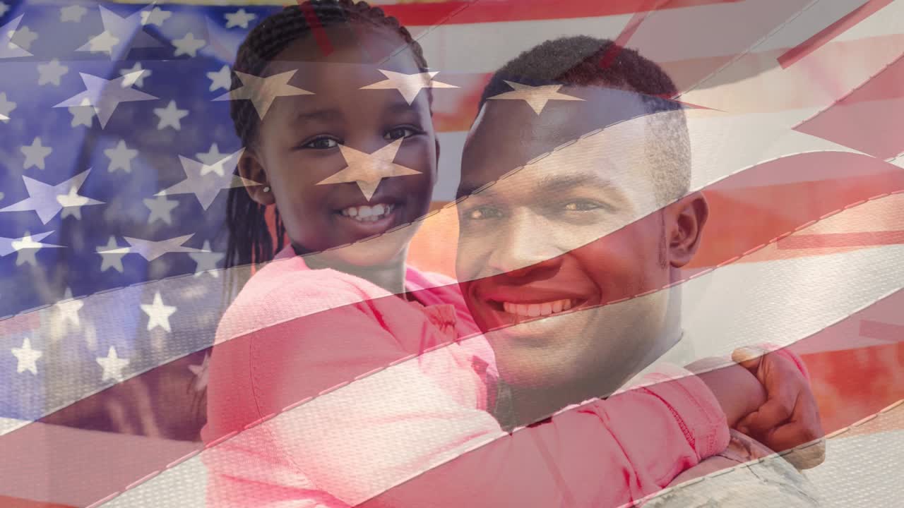 animación de la bandera estadounidense sobre un soldado afroamericano sonriente padre sosteniendo a su hija