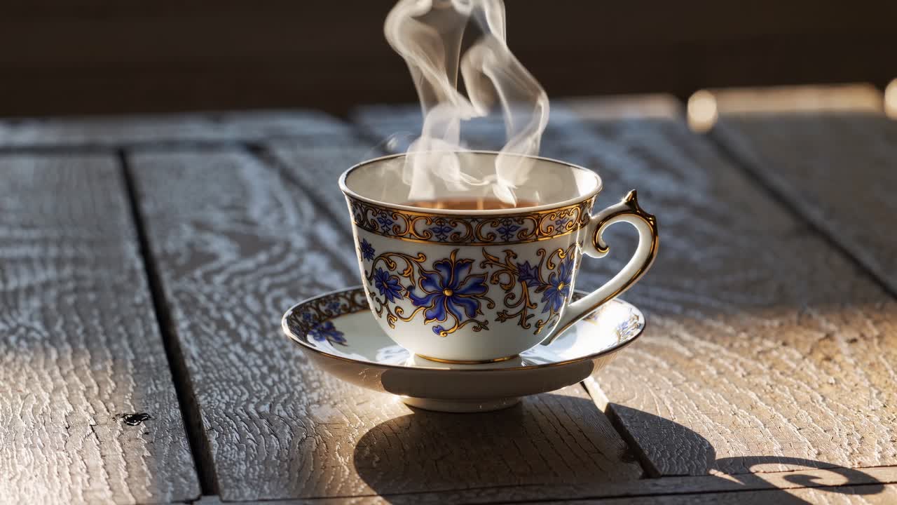 Close-up video of a steaming teacup on a rustic wooden table