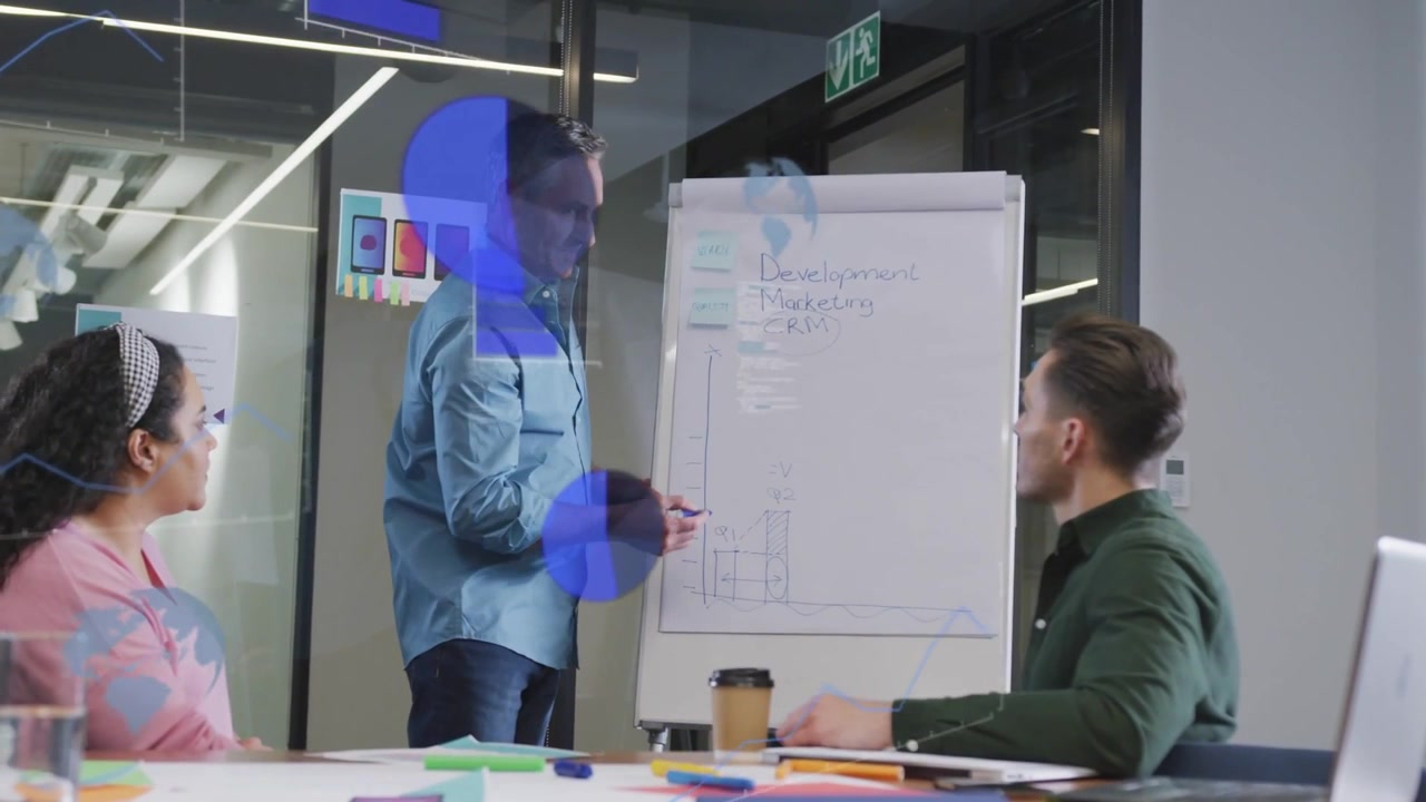 Manager starting writing on flip chart, showing business data while blue overlays covering manager