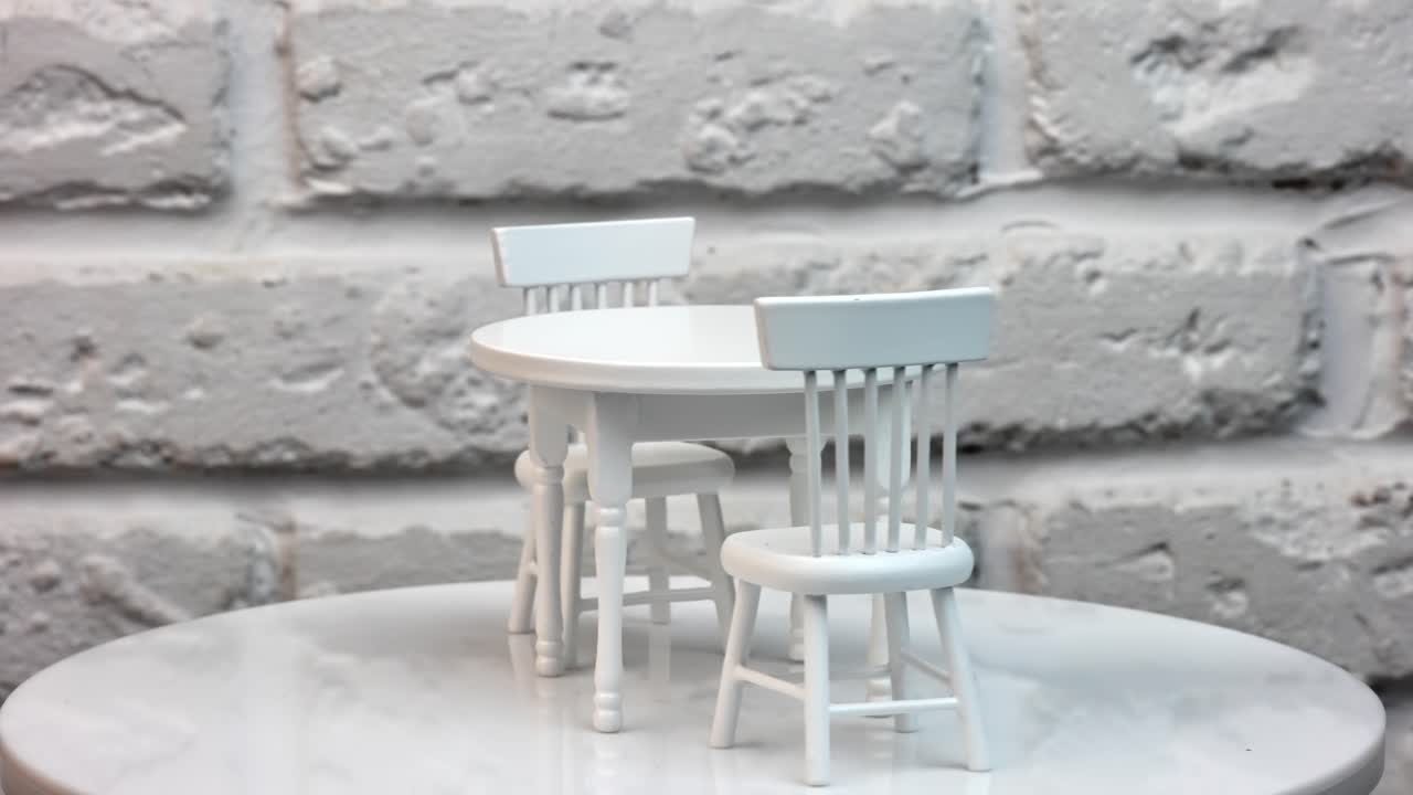 Two wooden chairs and round table between them. Carved toy furniture painted white spinning at the table. Close up.