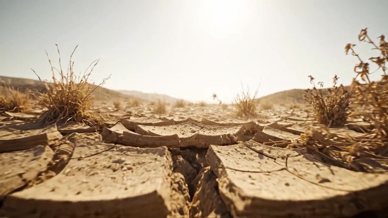 An Expansive View of a Dry and Cracked Landscape Under a Fiery Sun, Highlighting the Desolate Beauty and Resilience of Vegetation Struggling for Survival