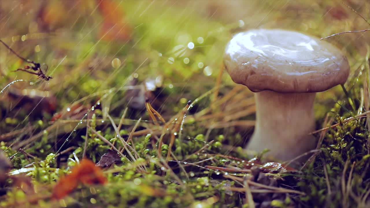 Mushroom Boletus In a Sunny forest in the rain.