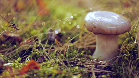 un boleto de hongo en un bosque soleado bajo la lluvia.