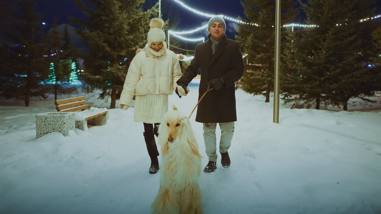 Couple Walking Dog in Snowy Park at Night