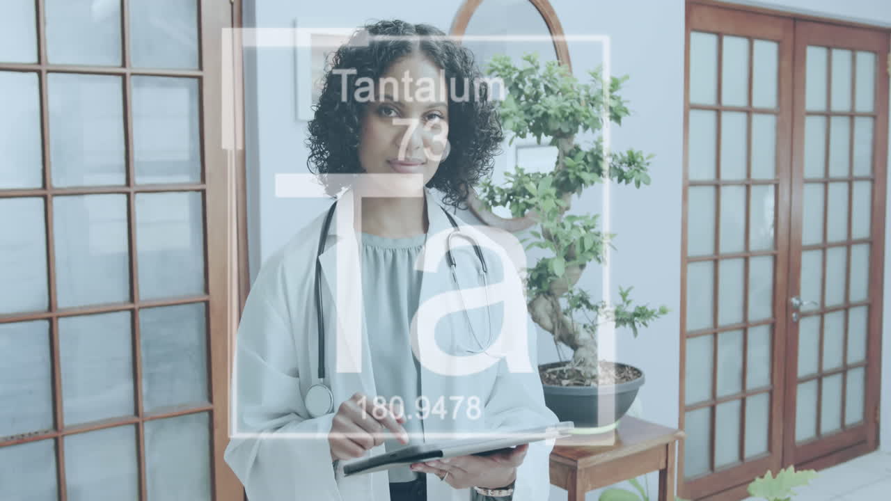 Animation of elements over biracial female doctor