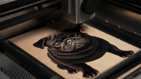 laser engraving a cute black pug onto wood