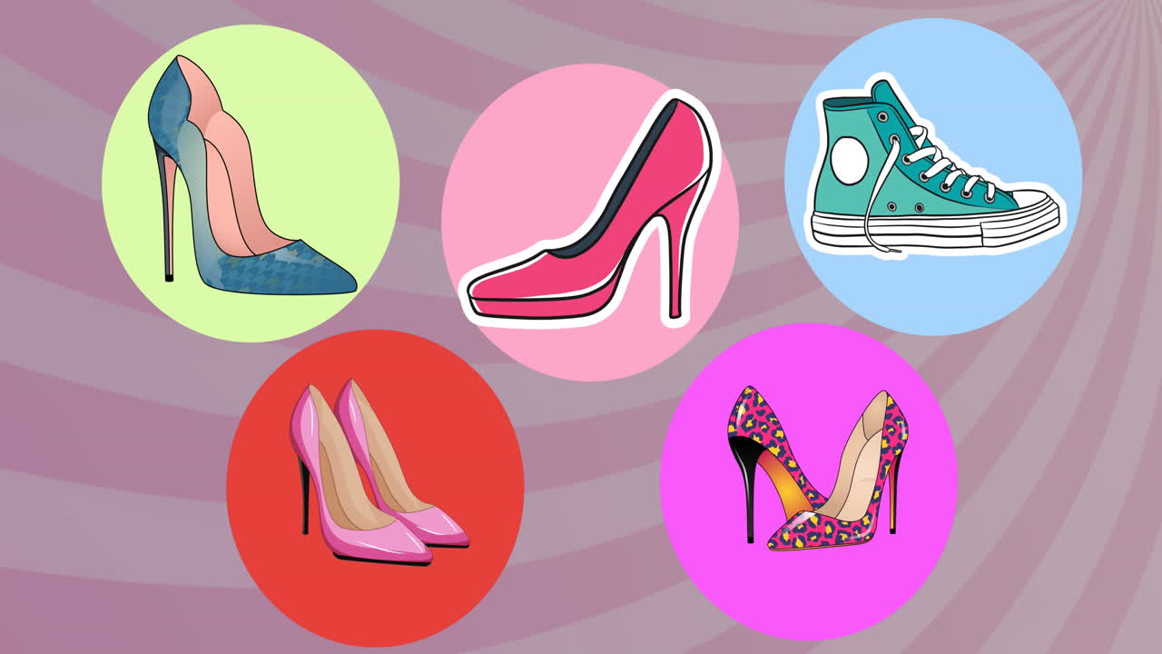 보라색 줄무 ⁇  배경 위에 떨어지는 신발의 애니메이션