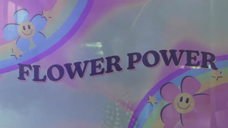 Animation-Eines-Flower-Power-Textes-Mit-Regenbogen-Und-Blumen-über-Einem-Mädchen,-Das-Eine-Rauchbombe-Hält