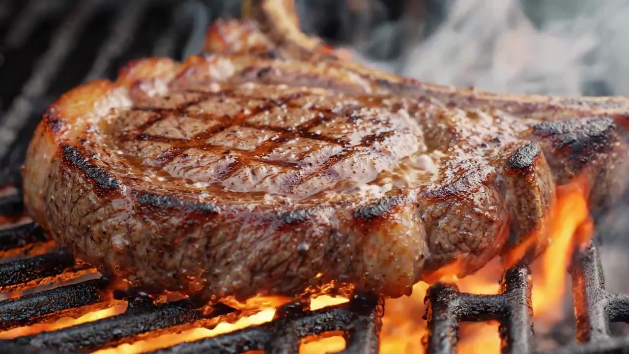 A Mouthwatering Display of Grilled Steak: Perfectly Seared and Juicy with Beautiful Char Marks, Capturing the Essence of Outdoor Barbecue Cooking