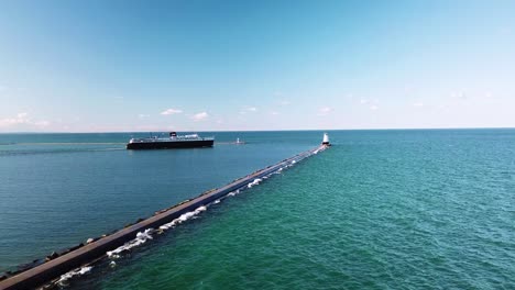 Aerial-over-the-SS-Badger-ferry-boat-traveling-on-Lake-Michigan