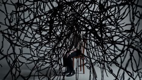 dark lines spreading from seated man, gradually consuming entire body in complex surreal visualization of psychological struggle against overwhelming mental states on neutral gray background