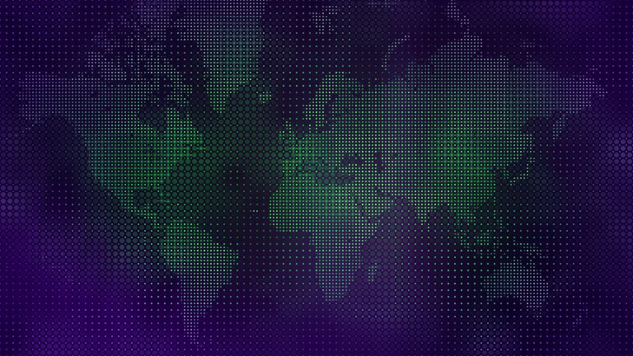 Loopable Halftone Dots Grid World Map in Purple and Green - Futuristic Digital Stylized Abstract Planet Earth Design