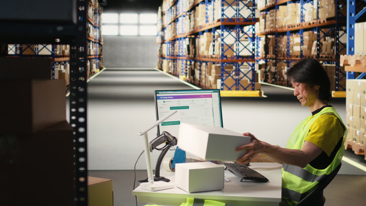 Vertical Video Male staff member does inventory check and registering parcels