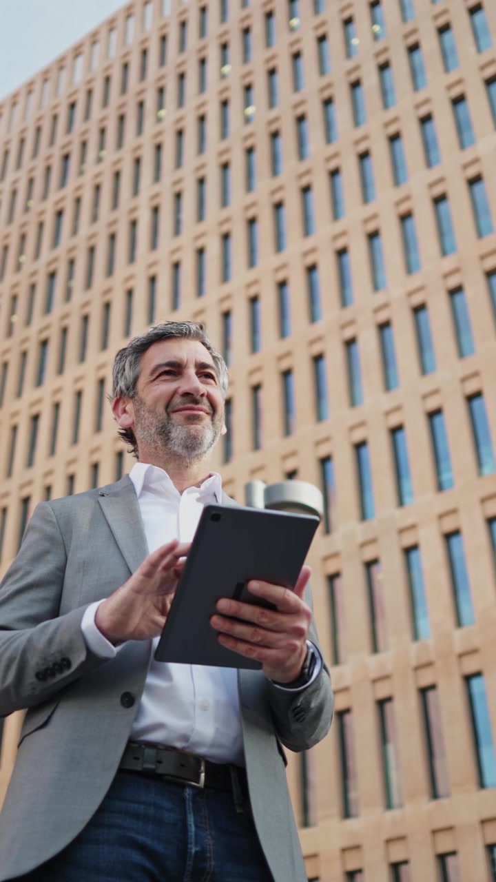 Empresario sonriente usando una tableta digital frente a un edificio moderno