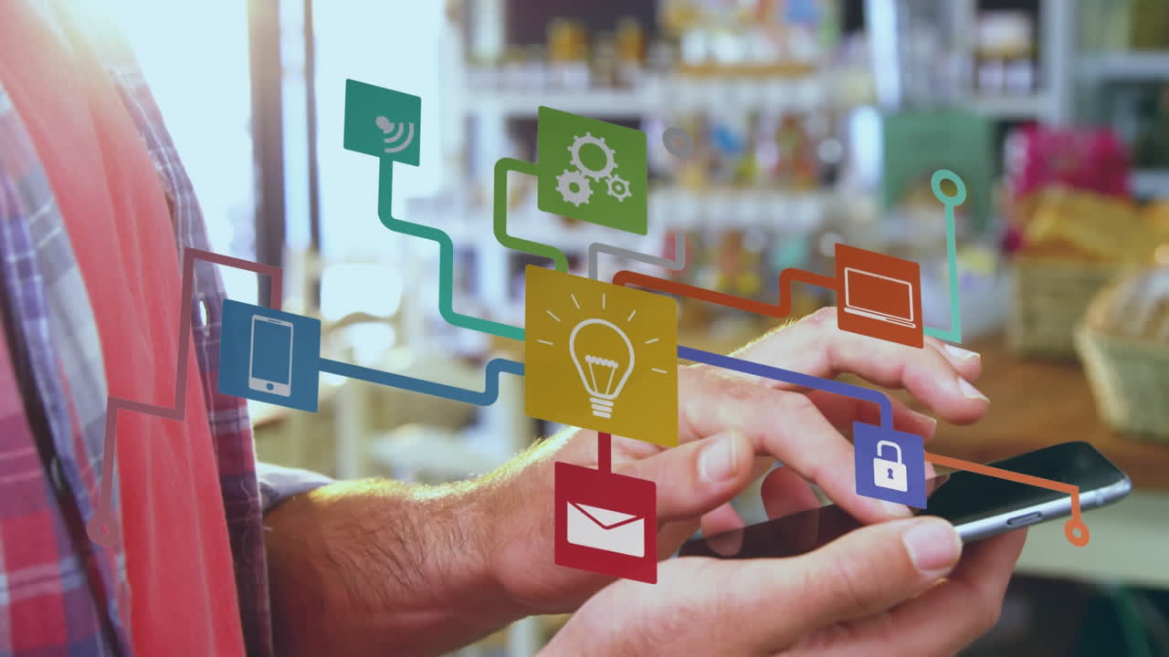 animación de la red de conexiones con iconos sobre el hombre de negocios que usa un teléfono inteligente