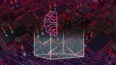 animación de un procesamiento de datos e iconos sobre el fondo de la placa de circuitos de computadora