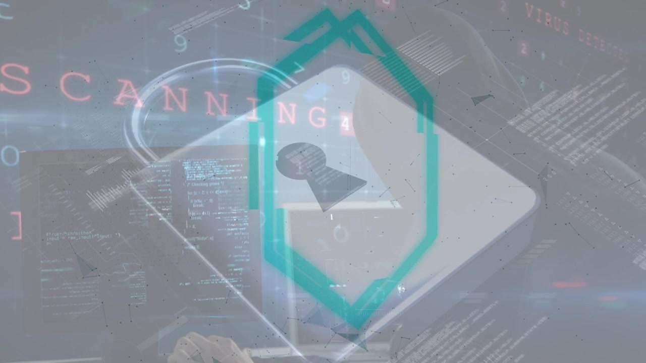 Animation of data processing and padlock over caucasian male hacker