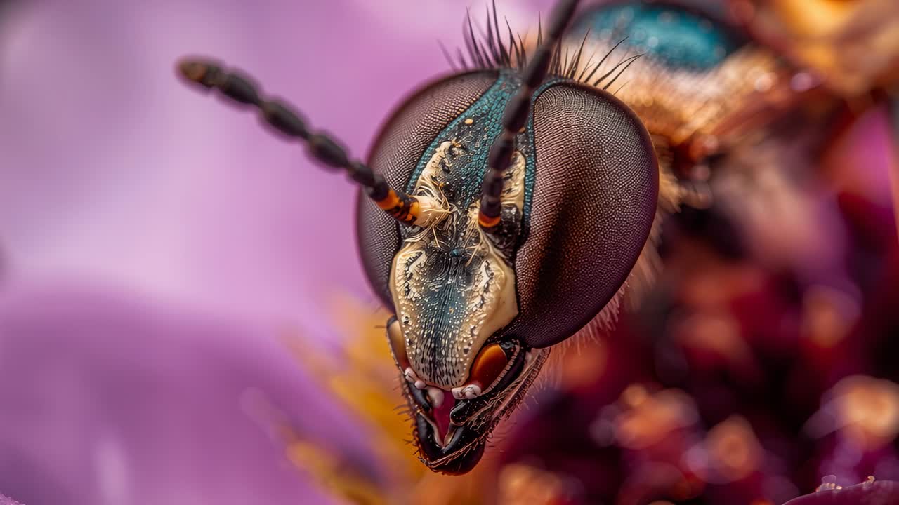 Metalskinnende eneboerhveps udforsker, mens den spiser af lilla kurvblomst og samler pollen.