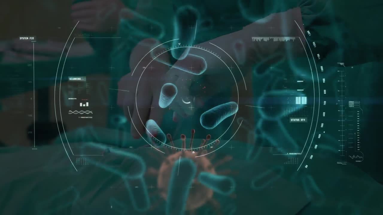 animación de células de covid-19 flotando sobre el escaneo del alcance y el cirujano operando