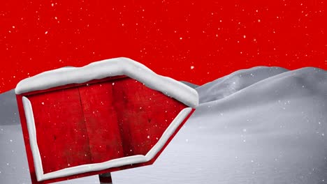 Animation-of-winter-scenery-with-wooden-sign-on-red-background