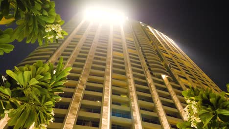 illuminated hotel facade at night