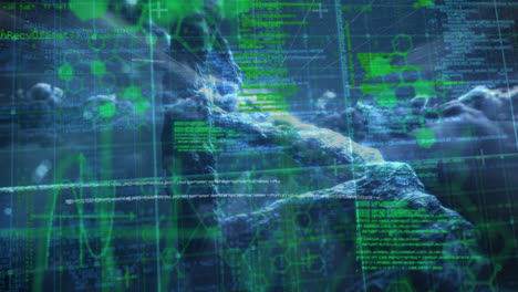 Animación-Del-Procesamiento-De-Datos-Sobre-Fórmulas-Químicas-Y-Cadenas-De-ADN-En-El-Espacio-Azul