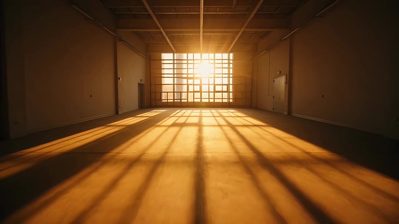 Telecamera in movimento che rivela il disco solare attraverso una finestra a griglia in una sala vuota, mostrando i dettagli degli scaffali.