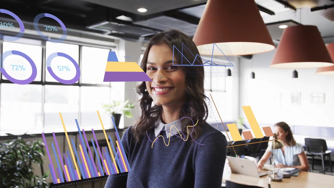 Standing woman looking right, data graphs appearing and shifting across face, showing tech metrics