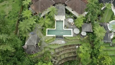 Hombre-Nada-En-Una-Piscina,-Bali-Villa,-Drone-De-Viaje