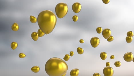 globos dorados flotando en animación sobre el fondo del cielo nublado