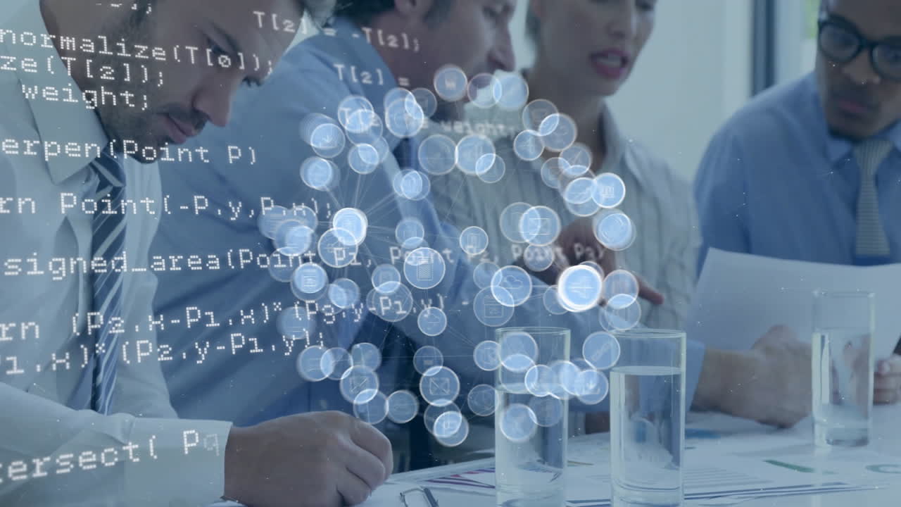 데이터 처리의 애니메이션과 다양한 비즈니스 사람들이 사무실에서 작업을 논의하는 아이콘