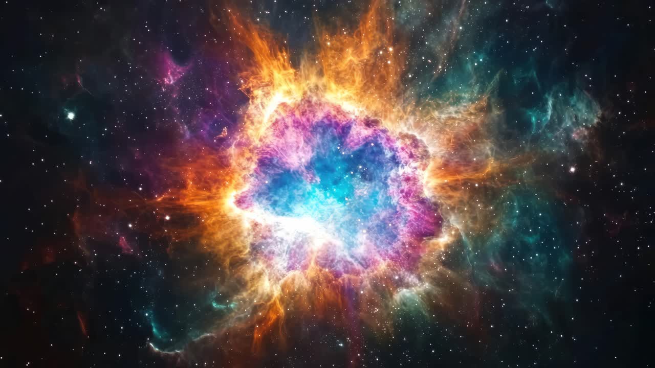 Uma explosão cósmica vibrante no espaço, capturada de uma perspectiva grande angular, que lembra uma cena