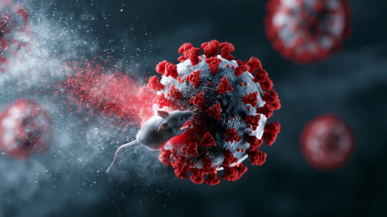 A Detailed Visualization of a Mouse Interacting with a Coronavirus Particle, Illustrating the Intricate Dynamics of Viral Infection and Potential Treatment Pathways in Modern Research.